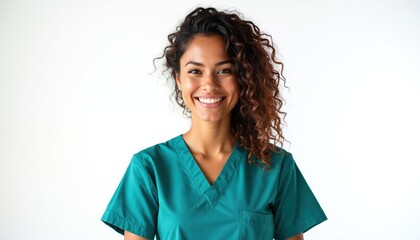 Cheerful young Mexican woman smiles in green medical scrubs. Confident female doctor portrait, health care pro. Successful practitioner isolated on transparent background with copy space. Medical