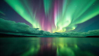 Fototapeta premium Vibrant aurora borealis lighting up sky over still water, natural beauty