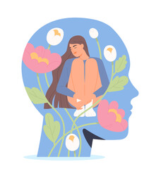 Mental health. Young girl with blooming flowers in her mind. Happy woman with healthy mindset. Self love, self acceptance and psychotherapy. Flat vector illustration isolated on white background
