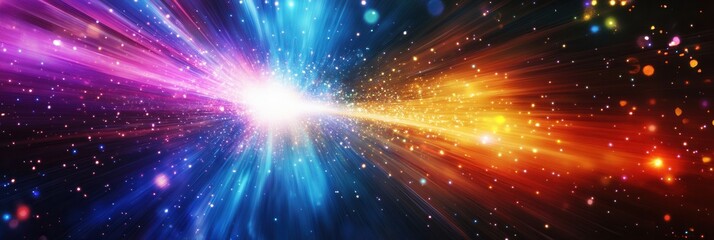 Fototapeta premium Vibrant beams of light breaking through darkness create an abstract background filled with colorful sparks in a cosmic display Generative AI