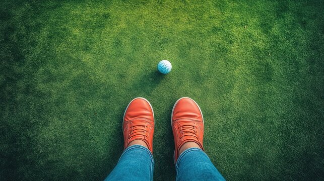 An aerial view of a golfer preparing to putt on a green.