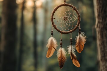 Dreamcatcher gently swaying in the breeze under dappled sunlight in a serene forest setting