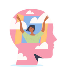 Mental health. Girl solves mental problems and enjoys freedom. Self acceptance, psychotherapy and wellbeing. Happy woman with healthy mindset. Flat vector illustration isolated on white background