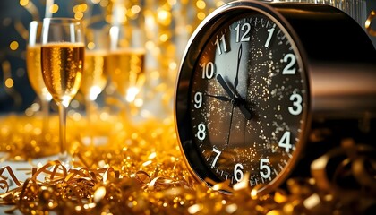 a clock surrounded by gold confetti and glasses of champagne