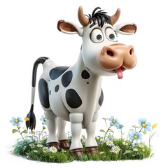 Playful Cartoon Cow Standing Among Colorful Flowers in Meadow
