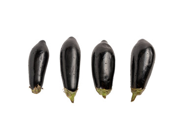 Four black eggplants are shown on a white background. They are all different sizes and shapes