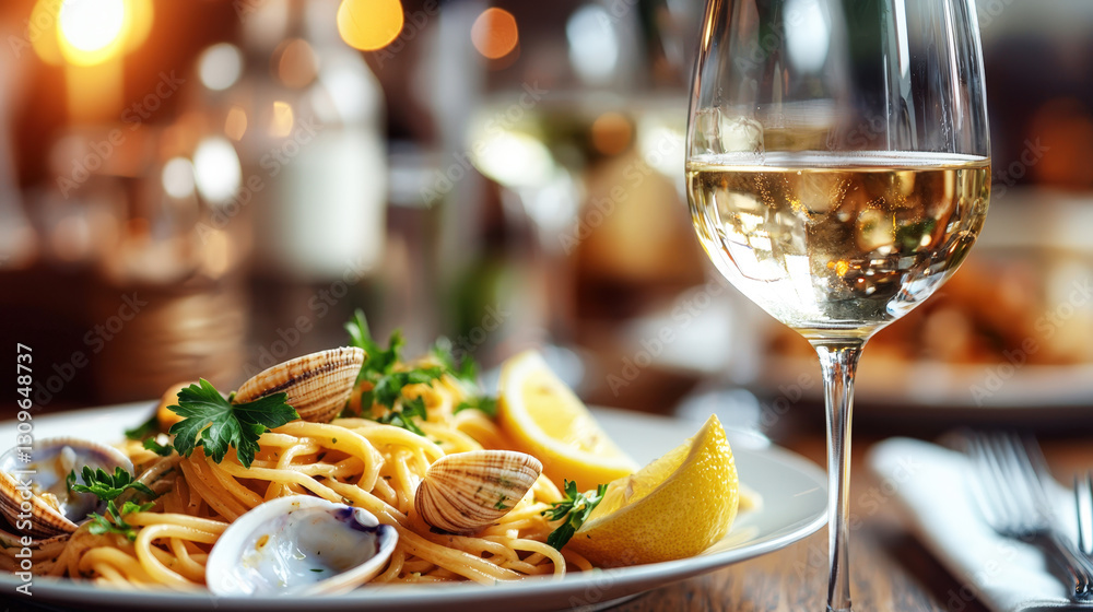 Poster a plate of spaghetti topped with clams and lemon slices sits next to a glass of white wine in an inv