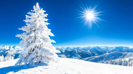 Snowy Mountain Landscape with Frosty Tree Illustration