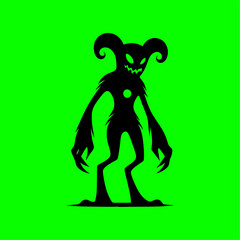 Dark Horned Demon Silhouette with Glowing Eyes on Neon Green Background