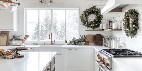 A bright and modern kitchen decorated with holiday season accents