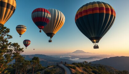 Obraz premium Colorful Hot Air Balloons Floating Over Majestic Mountain Landscape