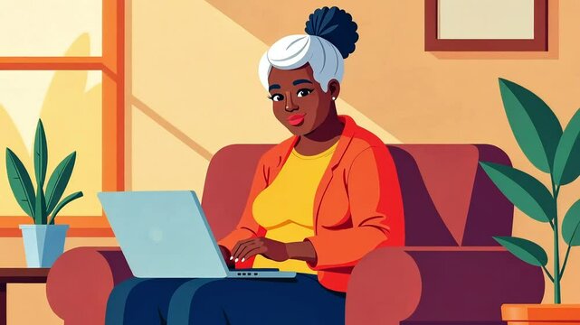Woman working on laptop, mature businesswoman sitting on sofa in living room, cartoon vector style