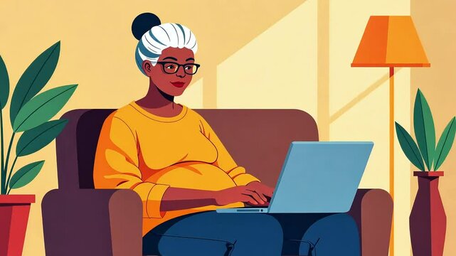 Woman working on laptop, mature businesswoman sitting on sofa in living room, cartoon vector style
