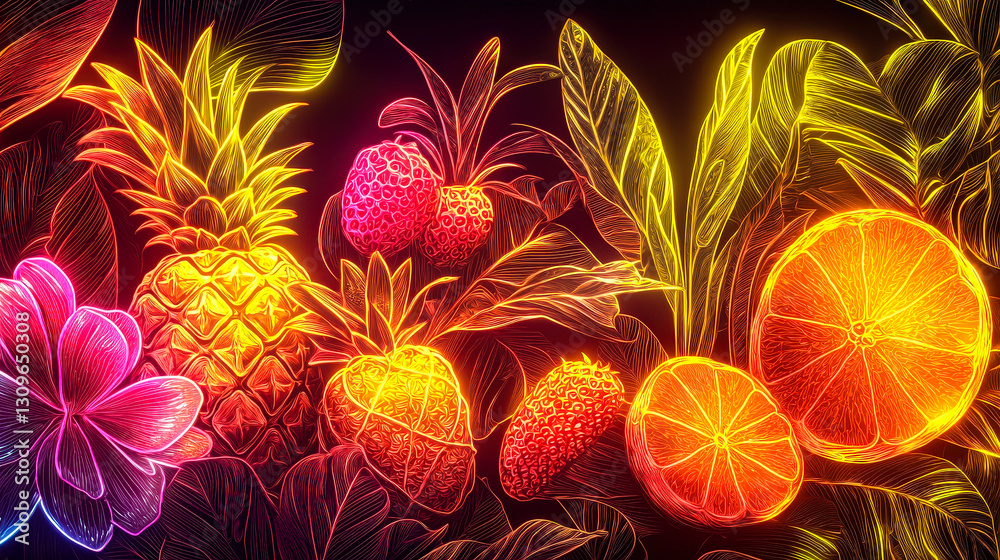 Poster a colorful representation of various fruits like pineapples, strawberries, and oranges, glowing agai