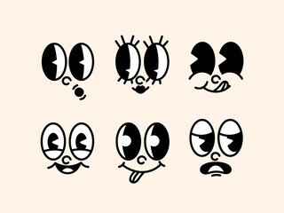 70s groovy comic set. Cute retro icons with cartoon faces with eyes and lips expressing different emotions. Design elements for sticker. Outline doodle illustration collection isolated on background