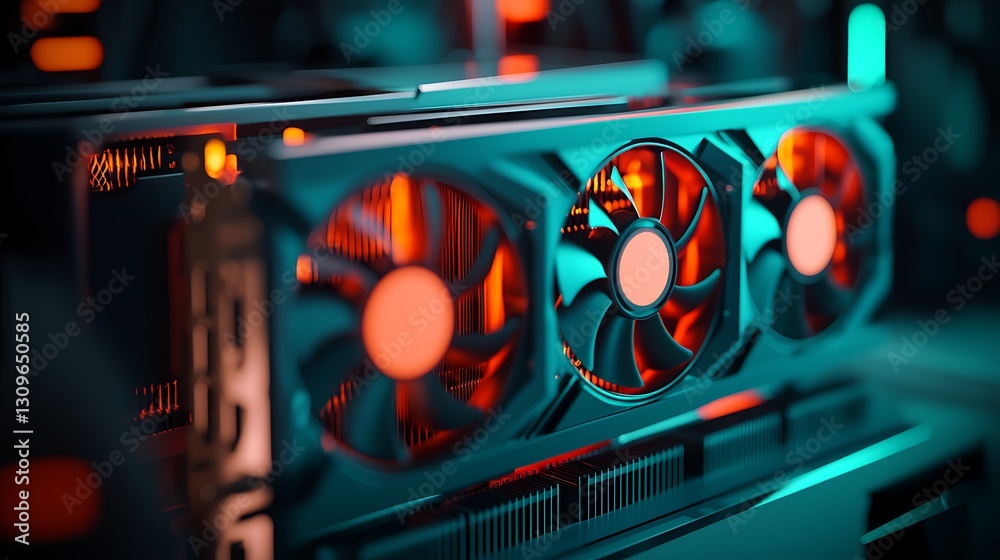 Fototapete close-up view of a high-performance graphics card with vibrant lighting in a tech setup