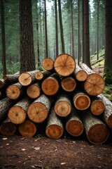 there is a pile of logs sitting in the middle of the forest