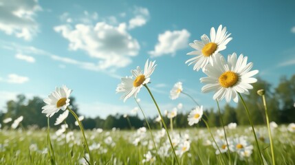 Vibrant wild daisies bloom in a lush green field under a bright blue sky on a sunny day with fluffy white clouds