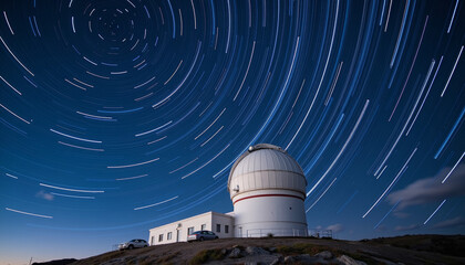Dynamic star trails swirl above observatory dome at night, astrophotography