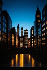 Obraz premium buildings in a city at night with lights reflecting off the ground
