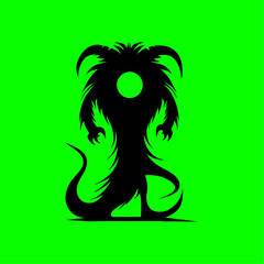Mysterious Monster Silhouette with Glowing Eye on Neon Green Background