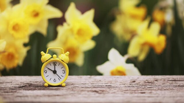 Alarm clock with daffodil flowers in spring. Spring forward, springtime or daylight savings time background.