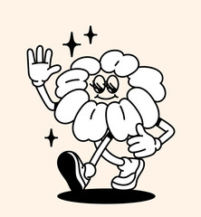 70s groovy comic character. Cute retro cartoon flower character with eyes, arms and legs. Design element for stickers and social networks. Outline doodle illustration isolated on background