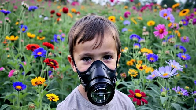 Enfant portant un masque &agrave; gaz dans un champ de fleurs color&eacute;es