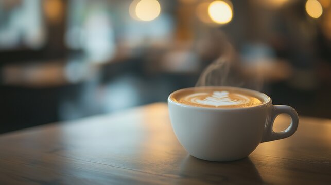 Steaming latte on a wooden table, soft bokeh background, cozy cafe ambiance. Warmth and comfort in every sip