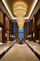 Obraz premium arafed view of a large lobby with a chandelier and a table