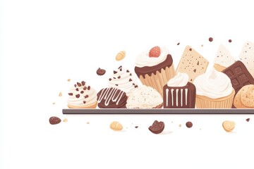Endless conveyor belt of desserts illustrates the struggle of compulsive eating habits in a minimalistic style