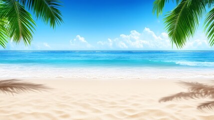 Fototapeta premium Tropical Beach Paradise - Serene beach scene with turquoise water, white sand, and palm trees. Perfect for travel, vacation, or summer themes