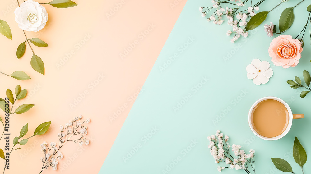 Aufkleber coffee cup surrounded by lush flowers and greenery on a pastel background, creating a serene and inv