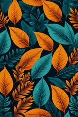 a pattern of orange and green leaves on a black background