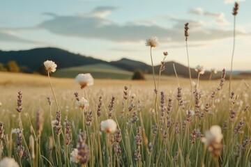 Obraz premium Vast field of blooming lavender creates a serene landscape at sunset in the countryside