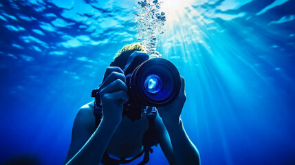 Underwater Photographer's Halo - A diver captures the beauty of a coral reef, symbolizing exploration, discovery, wonder, serenity