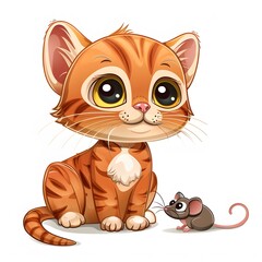 Obraz premium Cute cartoon orange cat sitting beside a small gray mouse