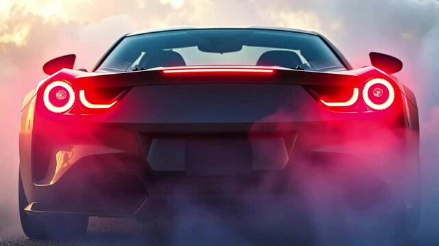 Close-up of car led headlights, light through fog and smoke, automobile turns on headlights, background or wallpaper