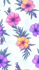 Colorful floral pattern featuring pink, purple, and orange flowers with green leaves on light background, creating vibrant and cheerful atmosphere