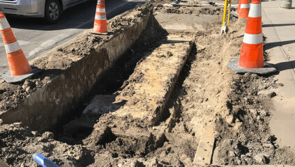 Contractors are constructing an open grave on a city street, surrounded by traffic cones for safety measures