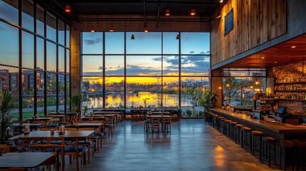 Sunset Restaurant Interior, Lakeside Dining, City Views