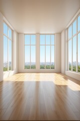 Fototapeta premium arafed empty room with large windows and a wooden floor