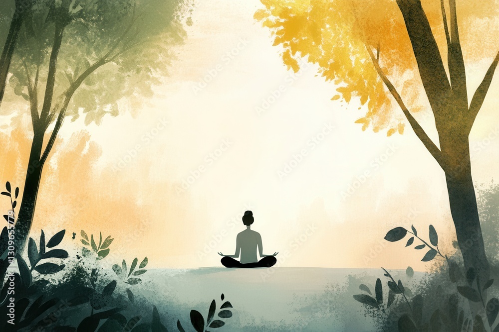 Poster serene meditation practice in nature surrounded by trees and soft light during a peaceful moment