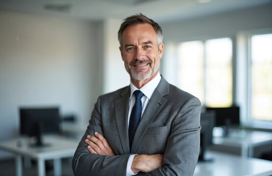 Portrait of mature confident businessman in suit with arms crossed in office. Middle-aged executive manager with beard smiles. Business style. Leadership and success.