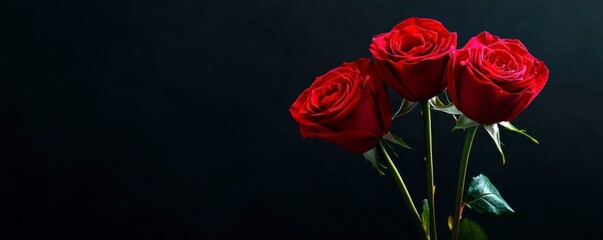 Three Red Roses Blooming Elegantly Against a Dark Backdrop Symbolic of Love and Affection Display