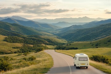 Scenic road winding through mountains with a vintage camper van in the late afternoon light