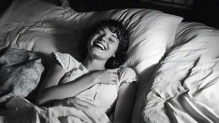 Happy woman laughing in bed at night, black and white photo.