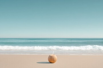 Coconut resting on sandy beach with calm ocean waves in the background under clear blue sky