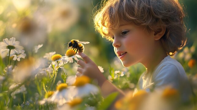 Surprised boy watching bumblebee on flower in summer