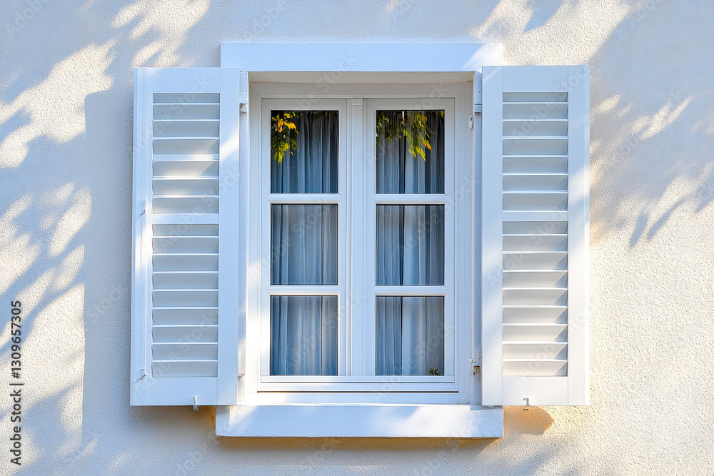 Poster Sunlight streams through a white window with shutters, illuminating the room inside while creating delicate shadows on the wall